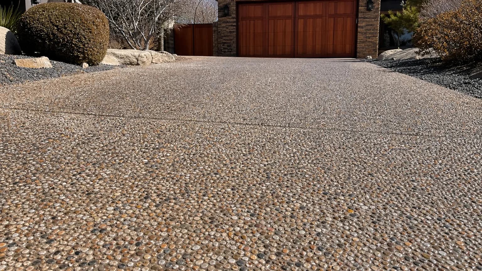 Sealed exposed aggregate concrete surface showing rounded river pebbles in tan, gray and rust tones in low-angle sunlight