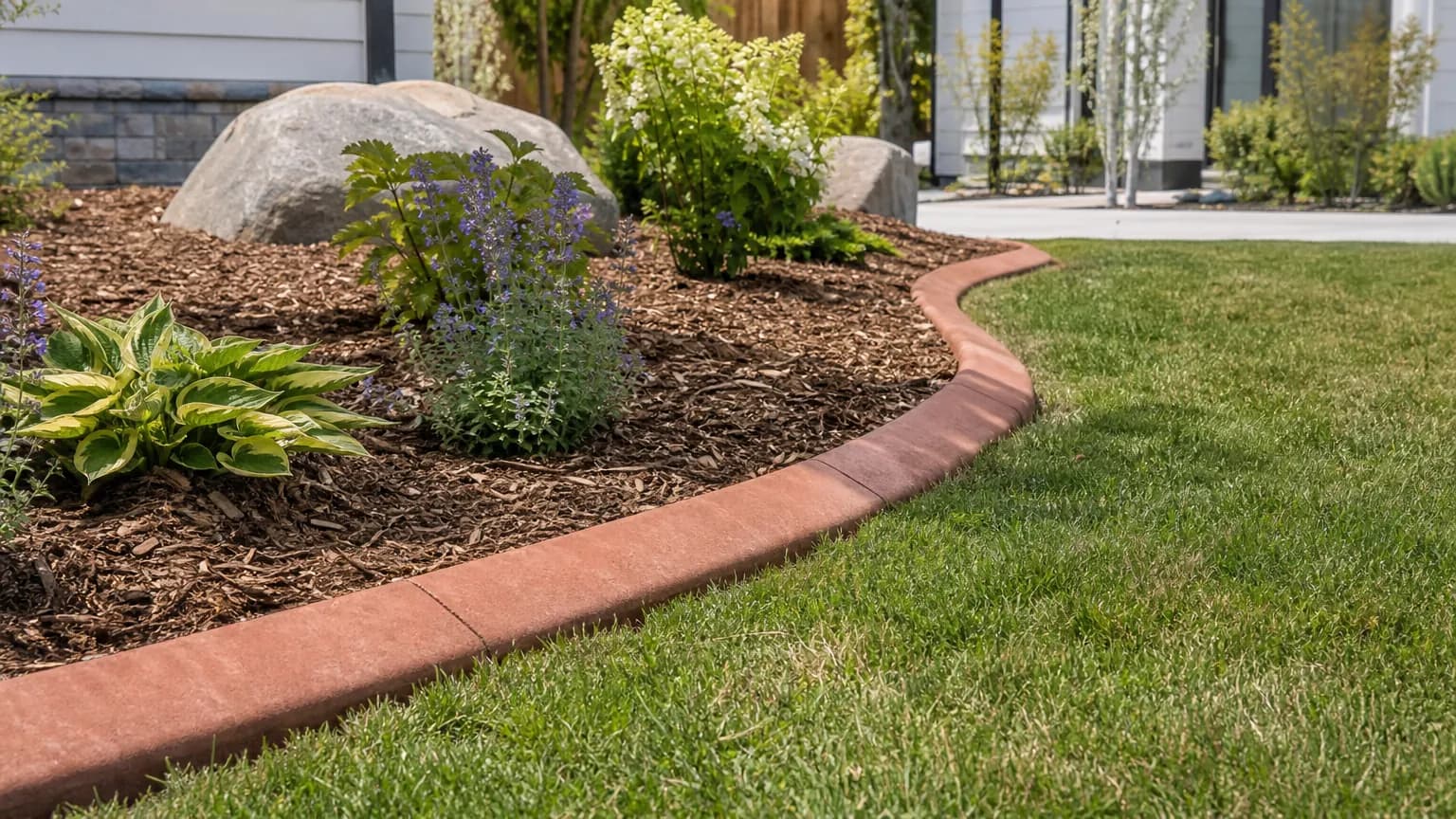 Terracotta-colored slant-edge concrete landscape curbing curving between a green lawn and a bark-mulch flower bed