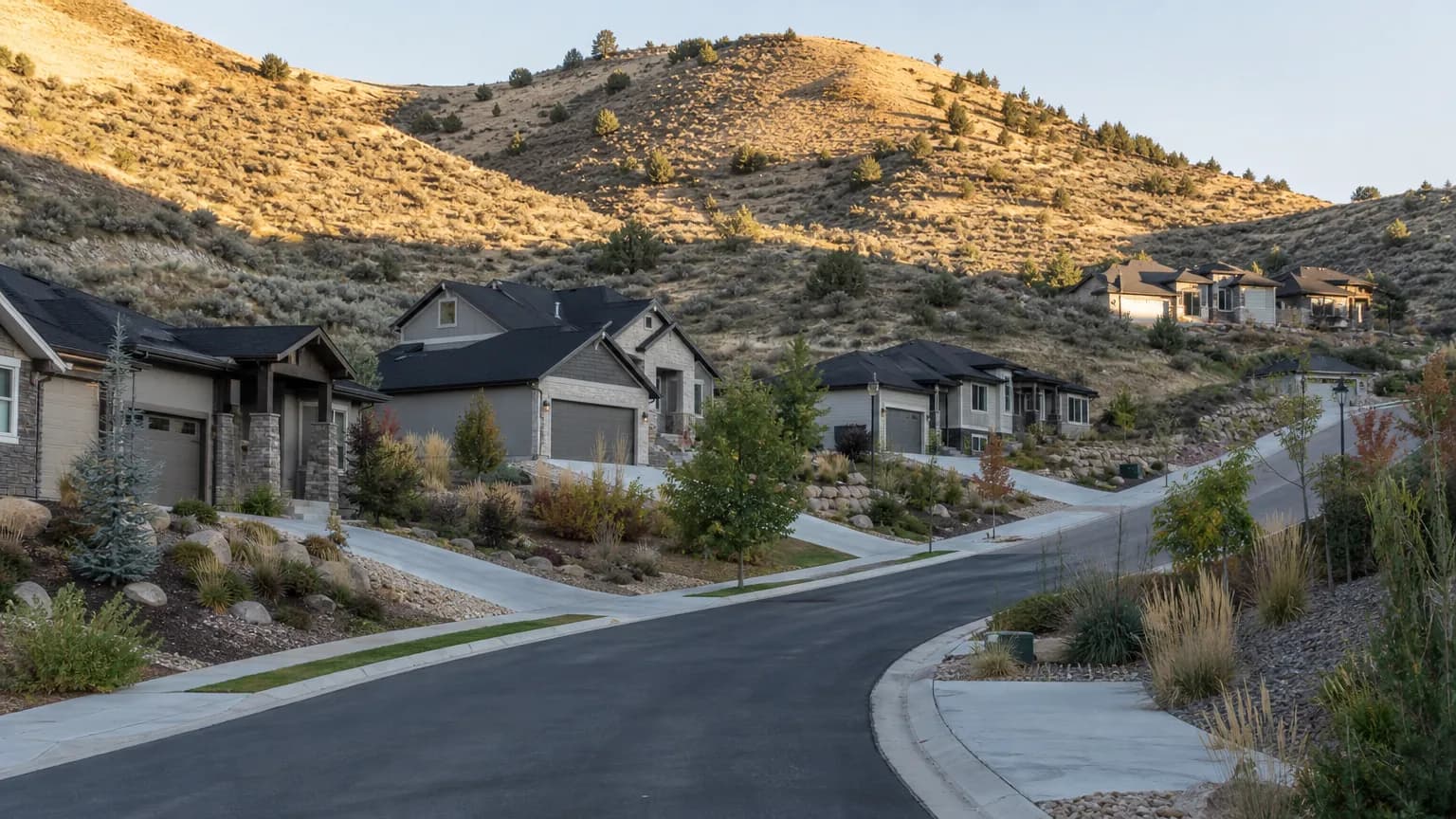 Hillside subdivision street in the Boise Foothills with homes and concrete driveways climbing a gentle slope below sagebrush hills
