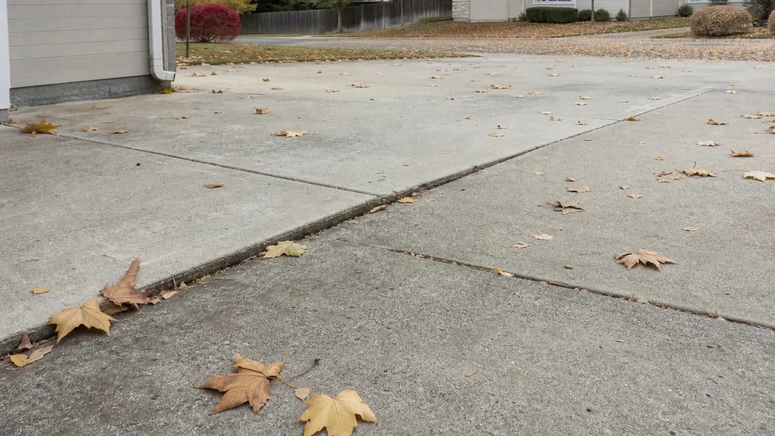 Older concrete driveway panels with one panel sunk and tilted below its neighbor, leaving a lip at the joint, with autumn leaves