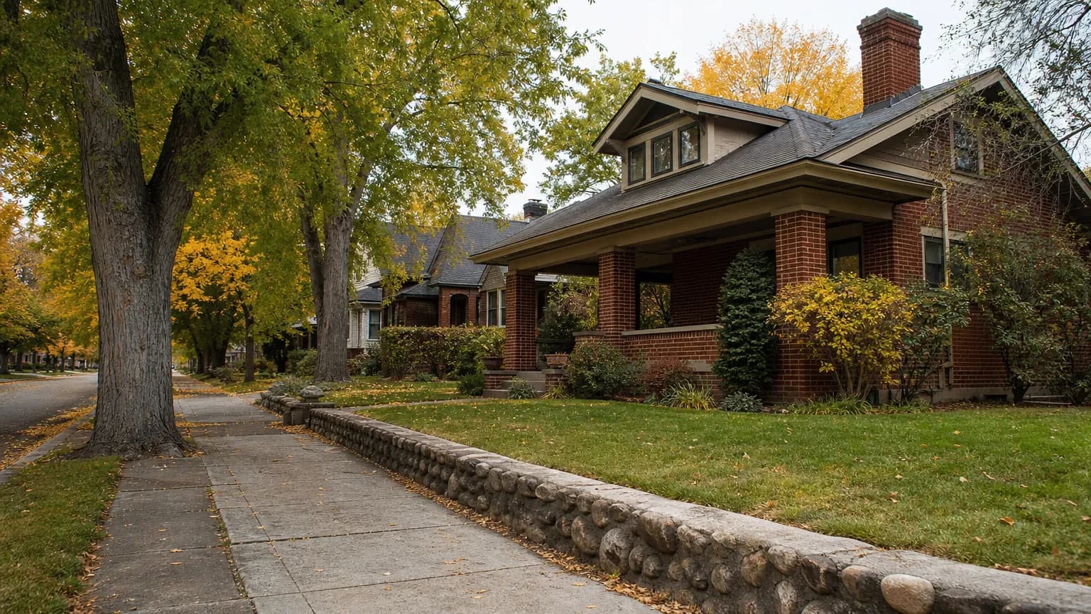 Tree-lined historic street with a brick bungalow, an old concrete sidewalk and a low stone wall under mature trees in autumn color