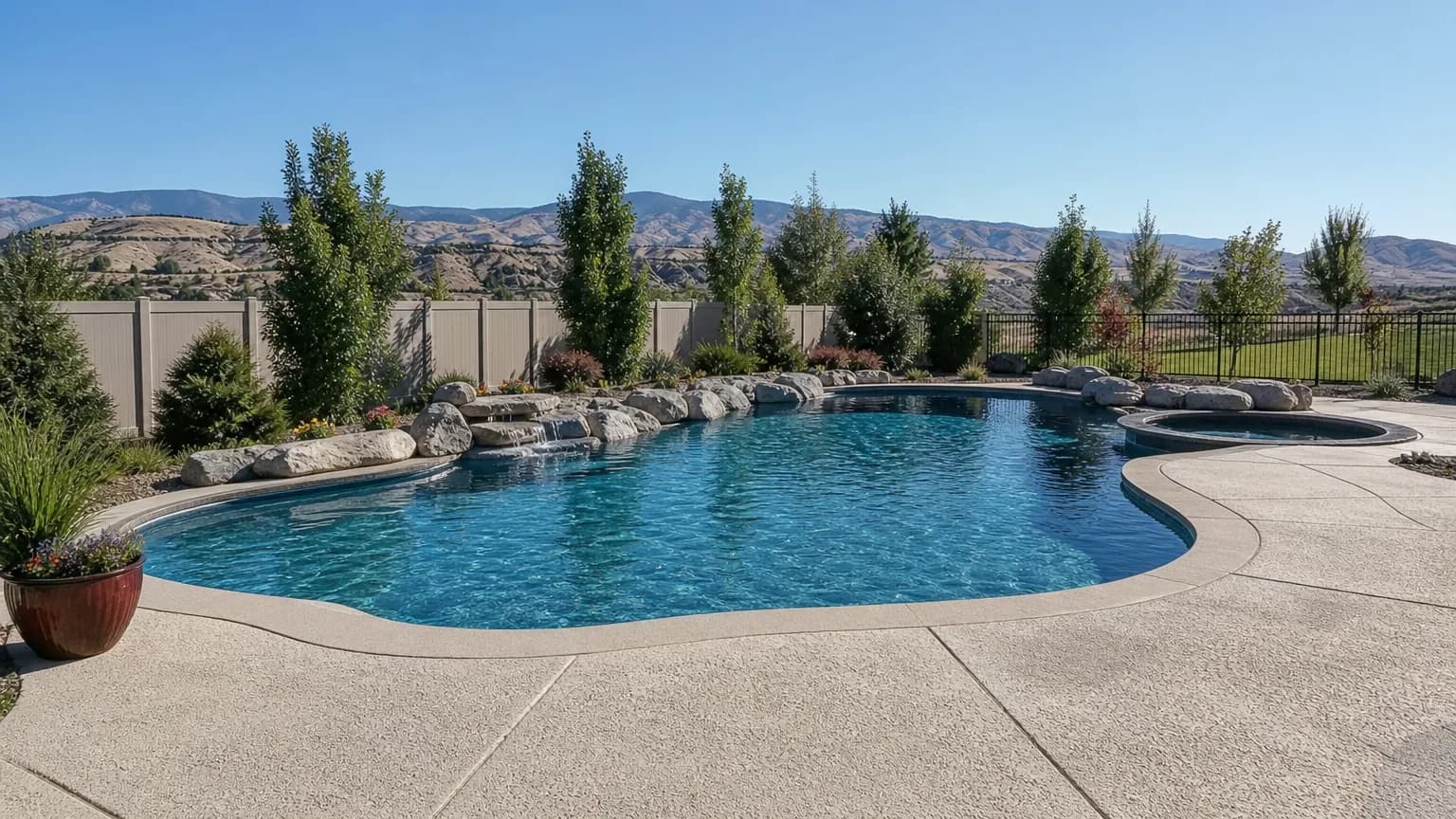 Backyard swimming pool surrounded by a light-colored textured concrete deck with foothills on the horizon
