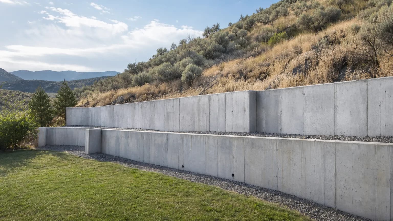 Poured concrete retaining wall terracing a sloped backyard with a gravel drain at its base and a sagebrush hillside above