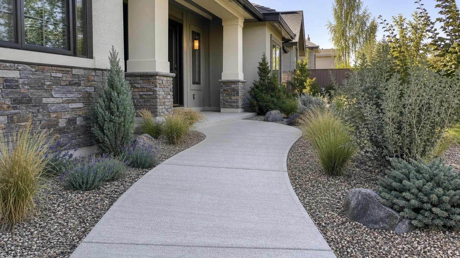 Curving broom-finish concrete front walkway with tooled joints leading to a covered porch between drought-tolerant plantings