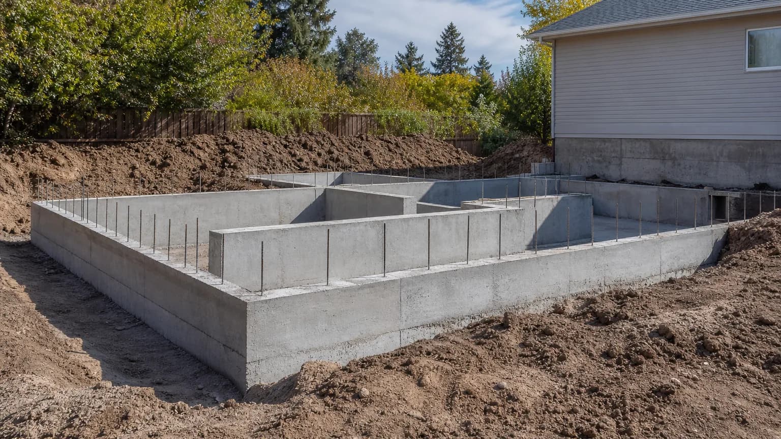 Poured concrete footings and stem walls for a home addition with rebar dowels projecting from the top and excavated soil around them