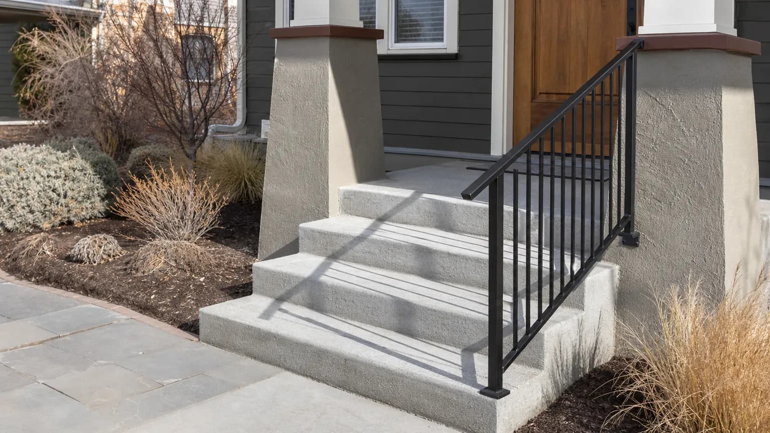 New poured concrete front steps with broom-finished treads and a black metal handrail leading to a wood front door